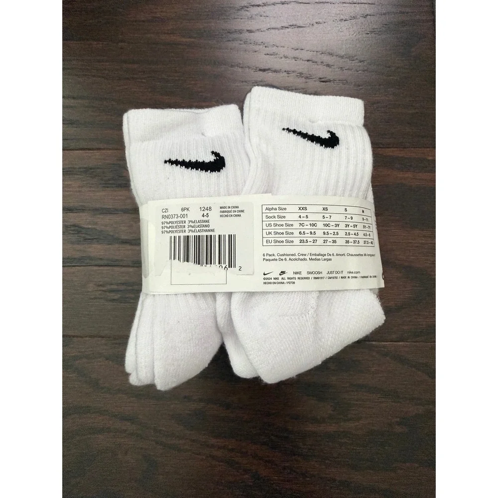 Nike Kids 6 Pack Everyday Cushioned Crew Socks White RN0373-001 Size 7C-10C XXS